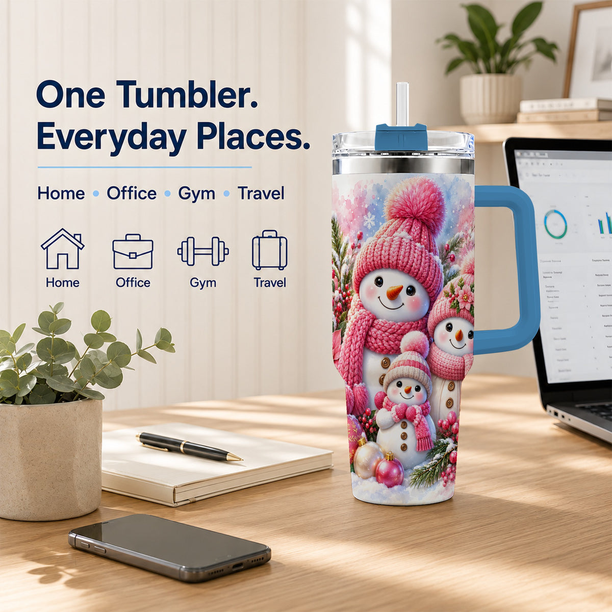 #pl[40oz|Blue] Pink Snowman Family 40oz Tumbler with Handle, Winter Travel Cup