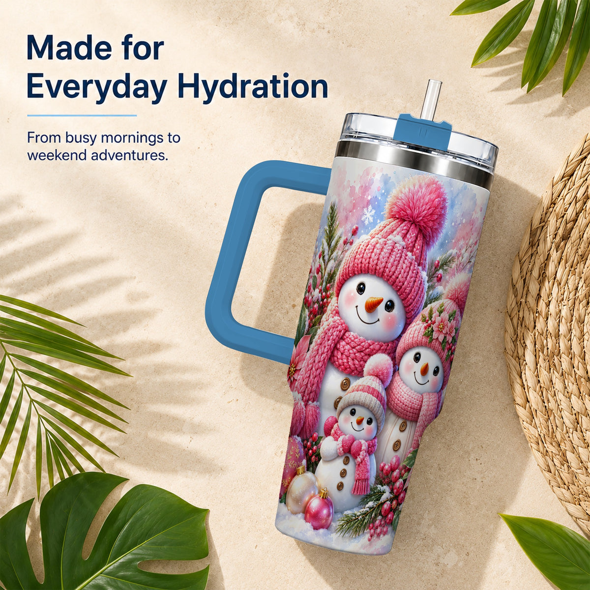 #pl[40oz|Blue] Pink Snowman Family 40oz Tumbler with Handle, Winter Travel Cup