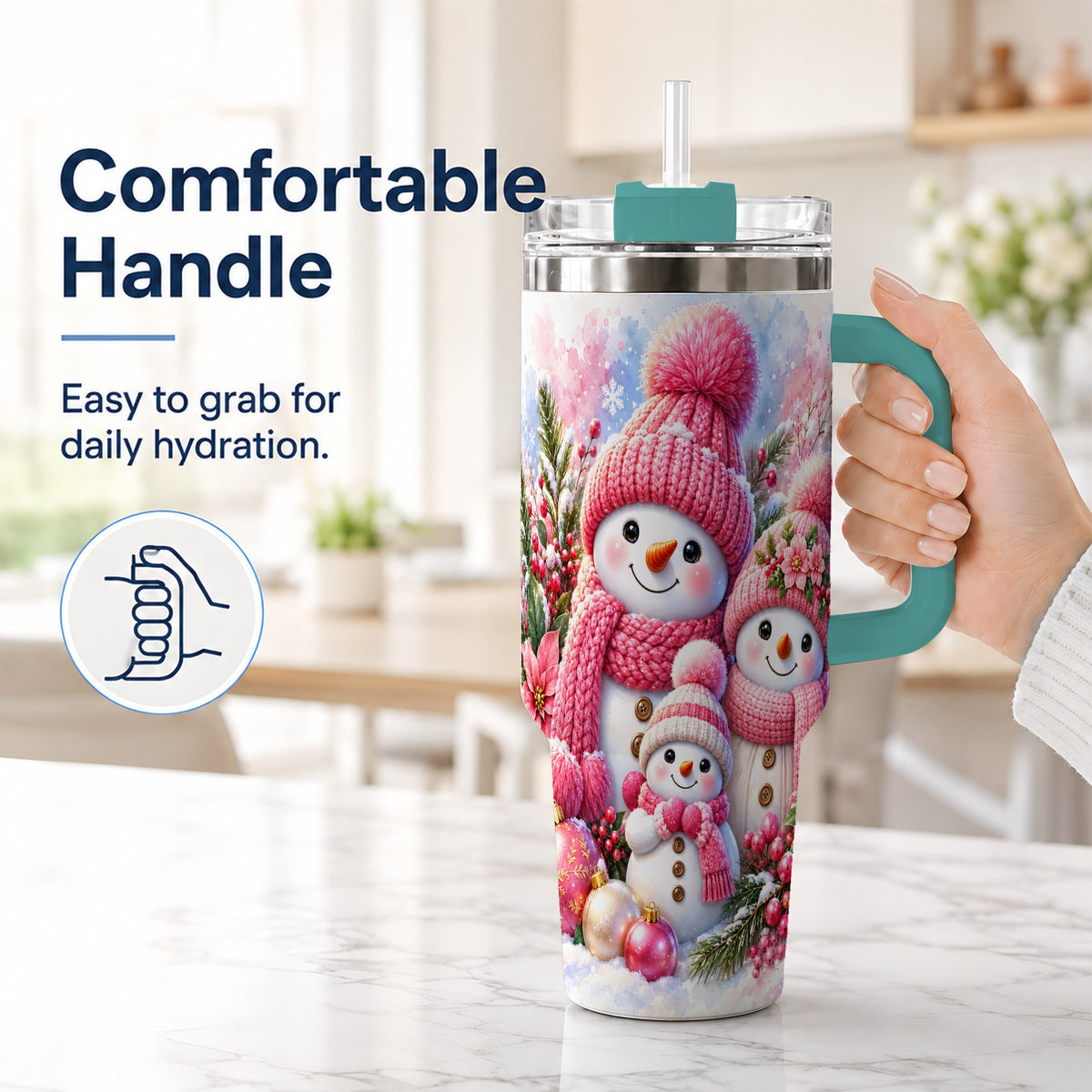 #pl[40oz|Green] Pink Snowman Family 40oz Tumbler with Handle, Winter Travel Cup