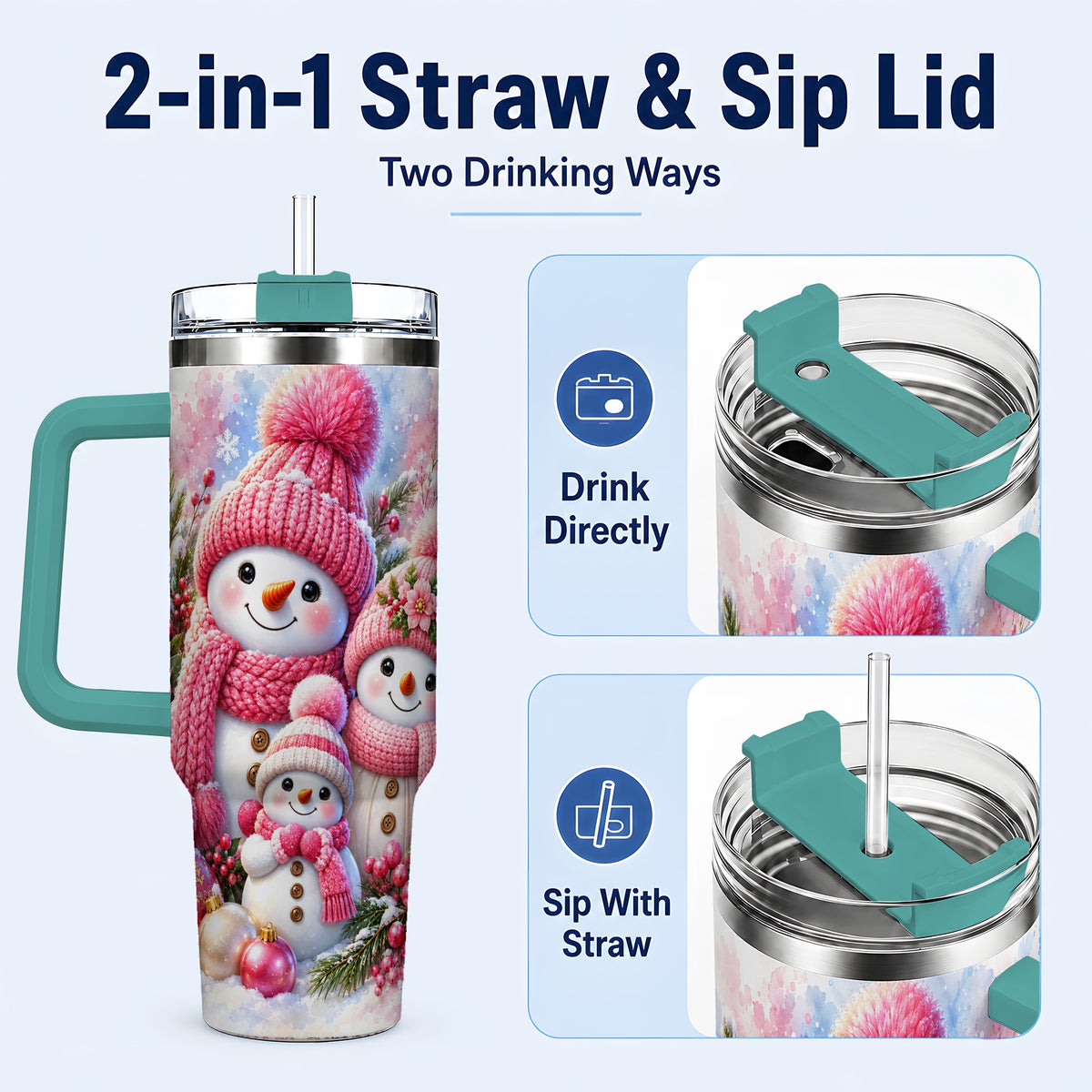 #pl[40oz|Green] Pink Snowman Family 40oz Tumbler with Handle, Winter Travel Cup