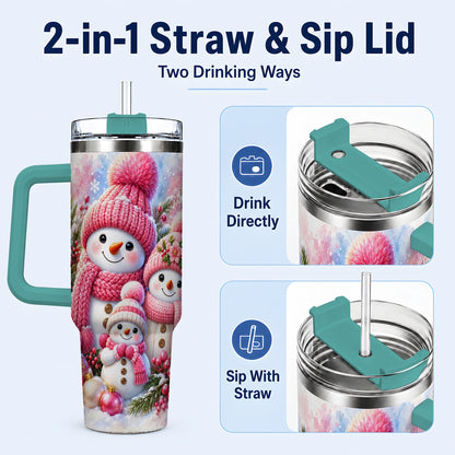 #pl[40oz|Green] Pink Snowman Family 40oz Tumbler with Handle, Winter Travel Cup