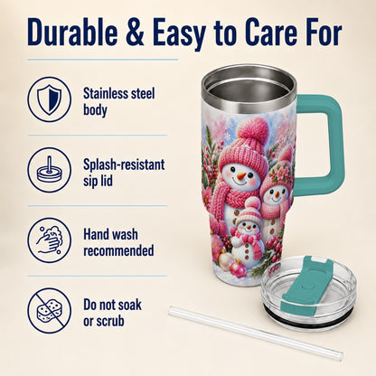 #pl[40oz|Green] Pink Snowman Family 40oz Tumbler with Handle, Winter Travel Cup