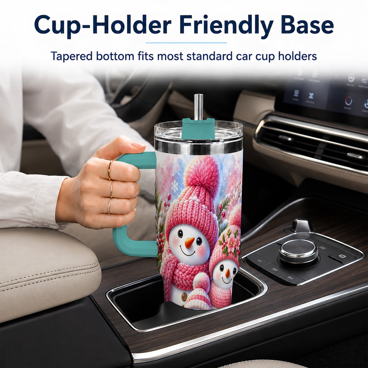 #pl[40oz|Green] Pink Snowman Family 40oz Tumbler with Handle, Winter Travel Cup