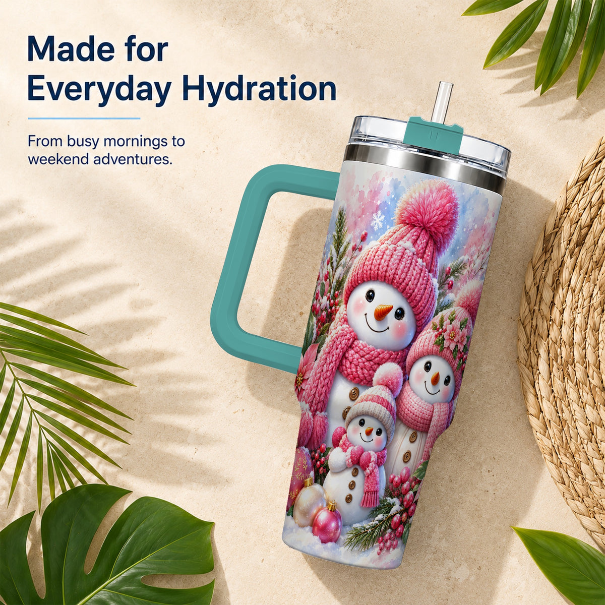 #pl[40oz|Green] Pink Snowman Family 40oz Tumbler with Handle, Winter Travel Cup