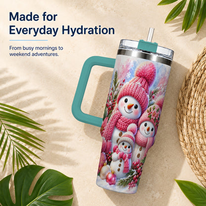 #pl[40oz|Green] Pink Snowman Family 40oz Tumbler with Handle, Winter Travel Cup