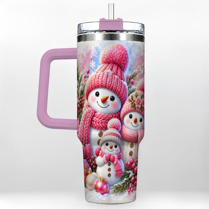 #pl[40oz|Pink] Pink Snowman Family 40oz Tumbler with Handle, Winter Travel Cup
