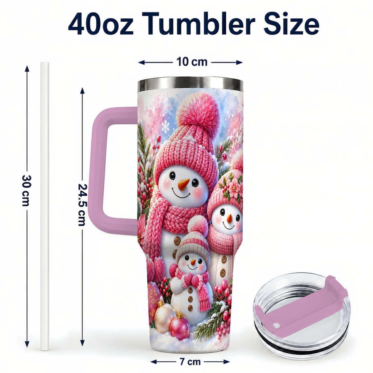 #pl[40oz|Pink] Pink Snowman Family 40oz Tumbler with Handle, Winter Travel Cup
