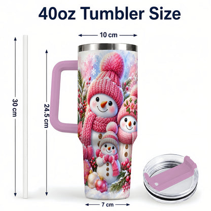 #pl[40oz|Pink] Pink Snowman Family 40oz Tumbler with Handle, Winter Travel Cup