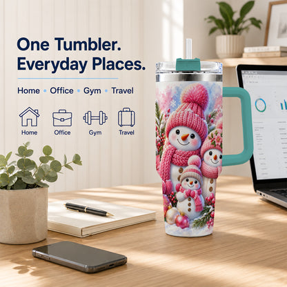 #pl[40oz|Green] Pink Snowman Family 40oz Tumbler with Handle, Winter Travel Cup