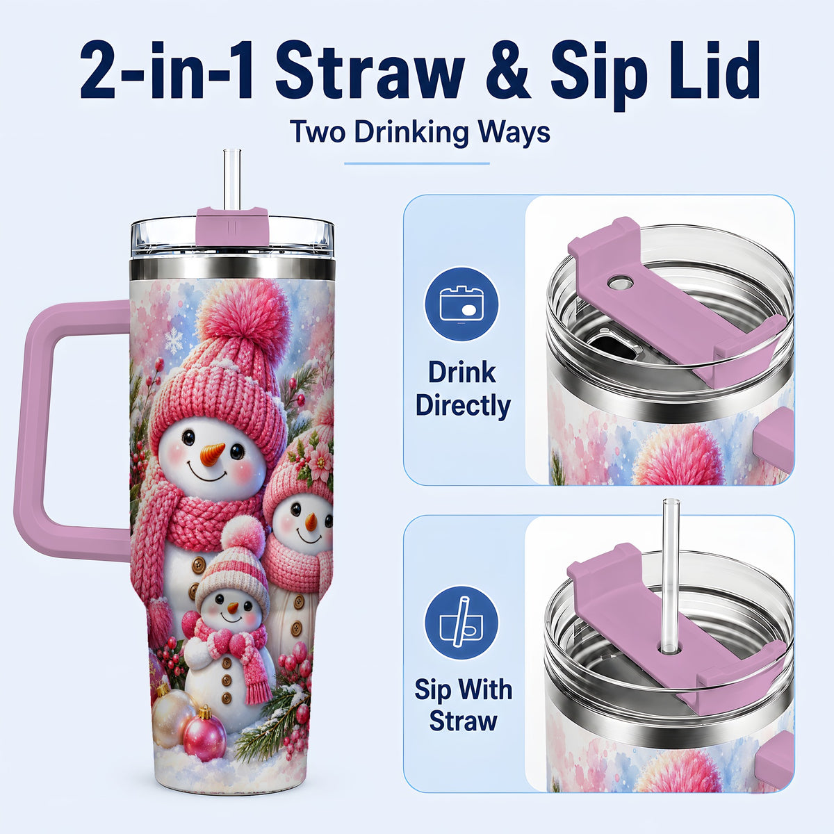 #pl[40oz|Pink] Pink Snowman Family 40oz Tumbler with Handle, Winter Travel Cup