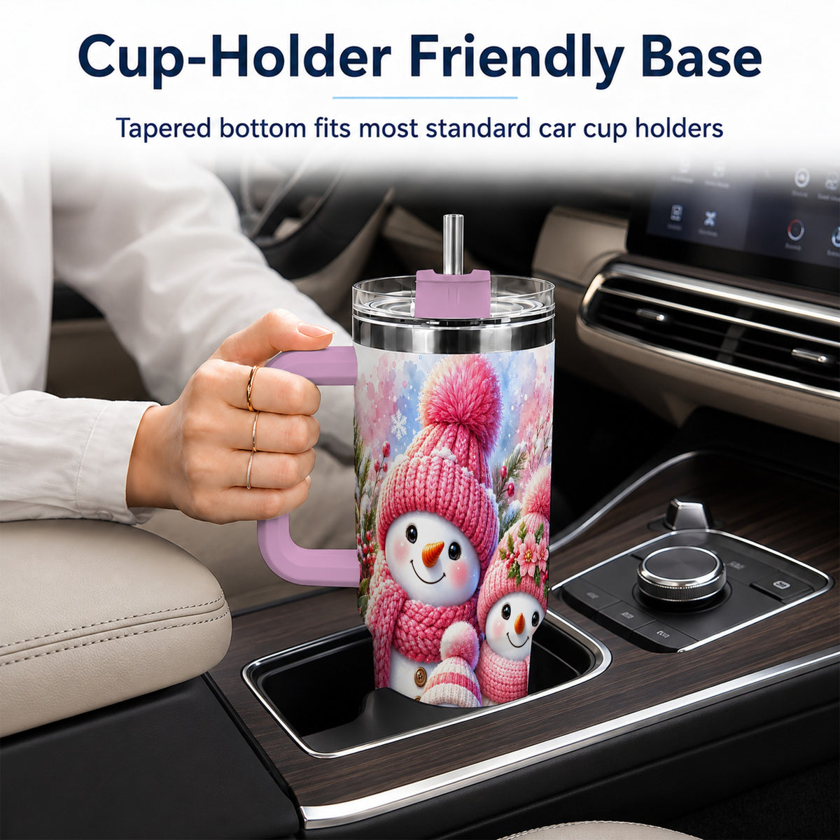 #pl[40oz|Pink] Pink Snowman Family 40oz Tumbler with Handle, Winter Travel Cup