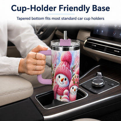 #pl[40oz|Pink] Pink Snowman Family 40oz Tumbler with Handle, Winter Travel Cup