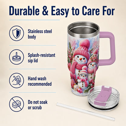 #pl[40oz|Pink] Pink Snowman Family 40oz Tumbler with Handle, Winter Travel Cup