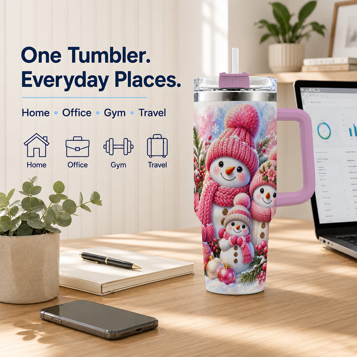 #pl[40oz|Pink] Pink Snowman Family 40oz Tumbler with Handle, Winter Travel Cup