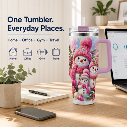#pl[40oz|Pink] Pink Snowman Family 40oz Tumbler with Handle, Winter Travel Cup