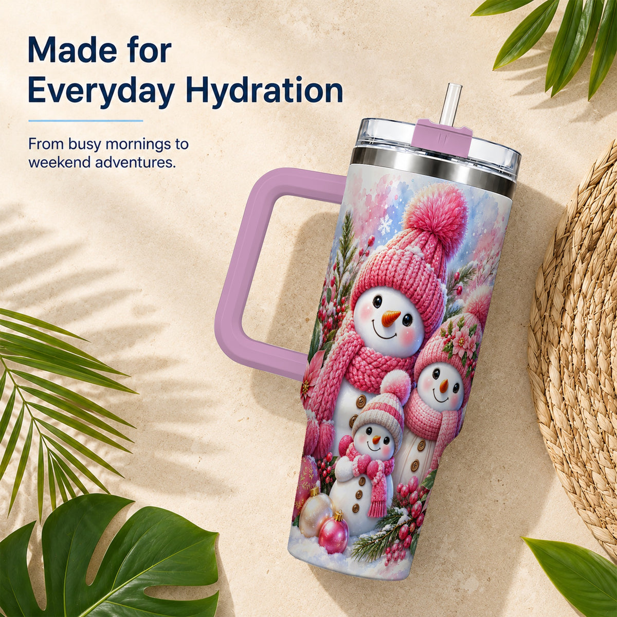 #pl[40oz|Pink] Pink Snowman Family 40oz Tumbler with Handle, Winter Travel Cup