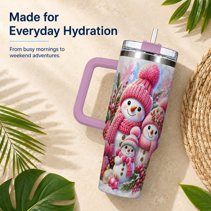 #pl[40oz|Pink] Pink Snowman Family 40oz Tumbler with Handle, Winter Travel Cup