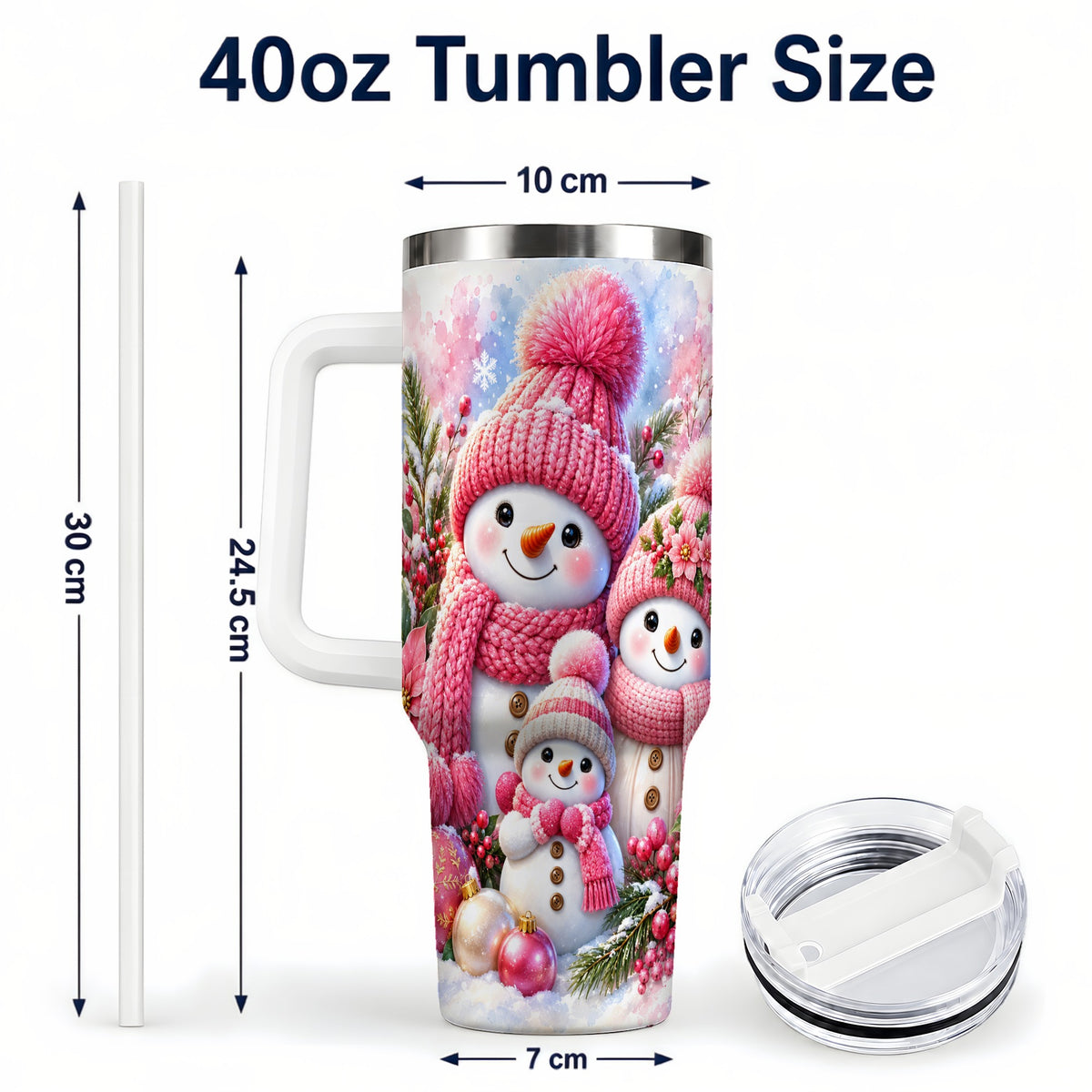 #pl[40oz|White] Pink Snowman Family 40oz Tumbler with Handle, Winter Travel Cup
