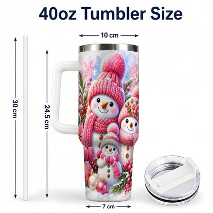 #pl[40oz|White] Pink Snowman Family 40oz Tumbler with Handle, Winter Travel Cup