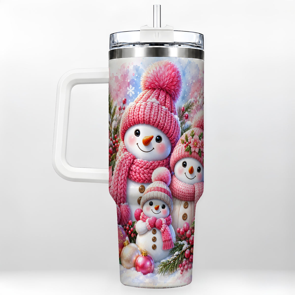 Pink Snowman Family 40oz Tumbler with Handle, Winter Travel Cup