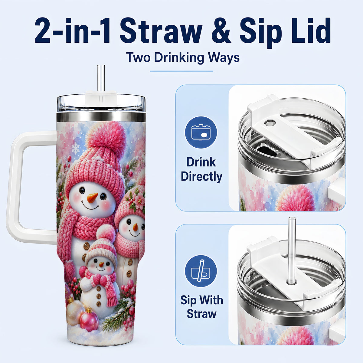 #pl[40oz|White] Pink Snowman Family 40oz Tumbler with Handle, Winter Travel Cup