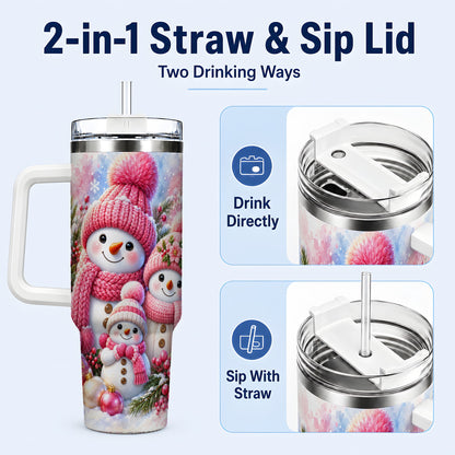 #pl[40oz|White] Pink Snowman Family 40oz Tumbler with Handle, Winter Travel Cup