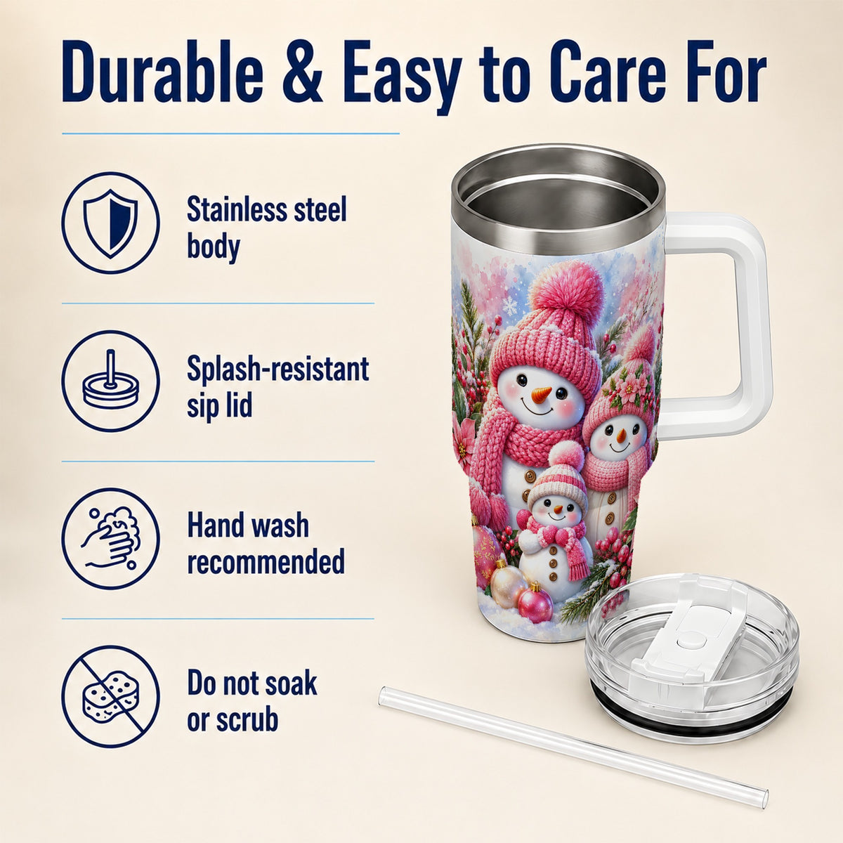 #pl[40oz|White] Pink Snowman Family 40oz Tumbler with Handle, Winter Travel Cup