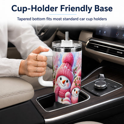 #pl[40oz|White] Pink Snowman Family 40oz Tumbler with Handle, Winter Travel Cup