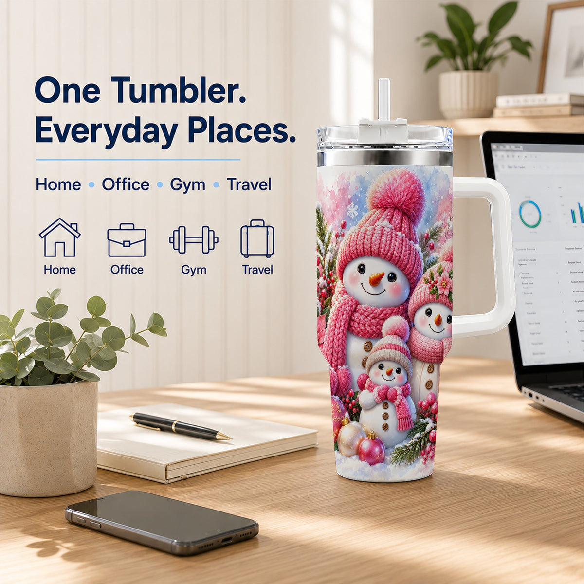 #pl[40oz|White] Pink Snowman Family 40oz Tumbler with Handle, Winter Travel Cup