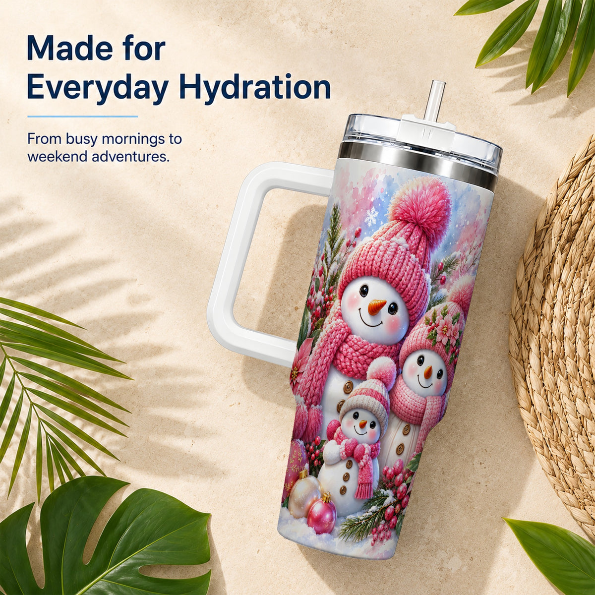 #pl[40oz|White] Pink Snowman Family 40oz Tumbler with Handle, Winter Travel Cup