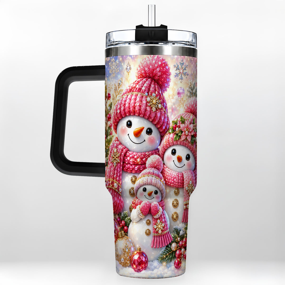 #pl[40oz|Black] Jeweled Snowman Family 40oz Tumbler with Handle, Winter Travel Cup