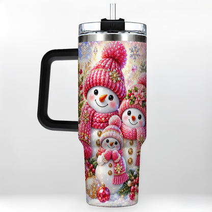 #pl[40oz|Black] Jeweled Snowman Family 40oz Tumbler with Handle, Winter Travel Cup