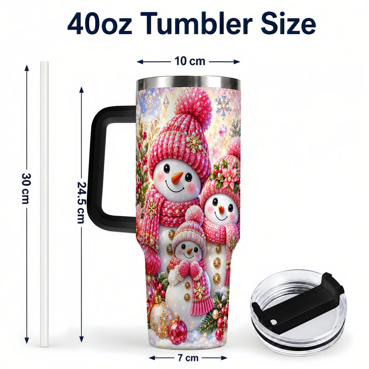 #pl[40oz|Black] Jeweled Snowman Family 40oz Tumbler with Handle, Winter Travel Cup