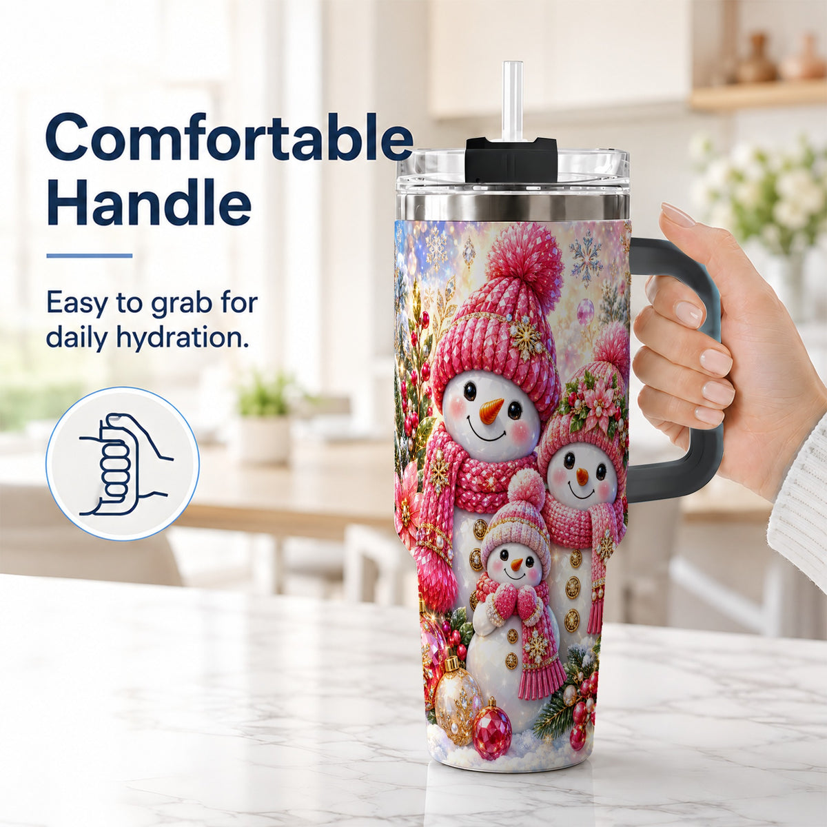 #pl[40oz|Black] Jeweled Snowman Family 40oz Tumbler with Handle, Winter Travel Cup