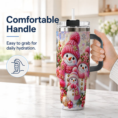 #pl[40oz|Black] Jeweled Snowman Family 40oz Tumbler with Handle, Winter Travel Cup
