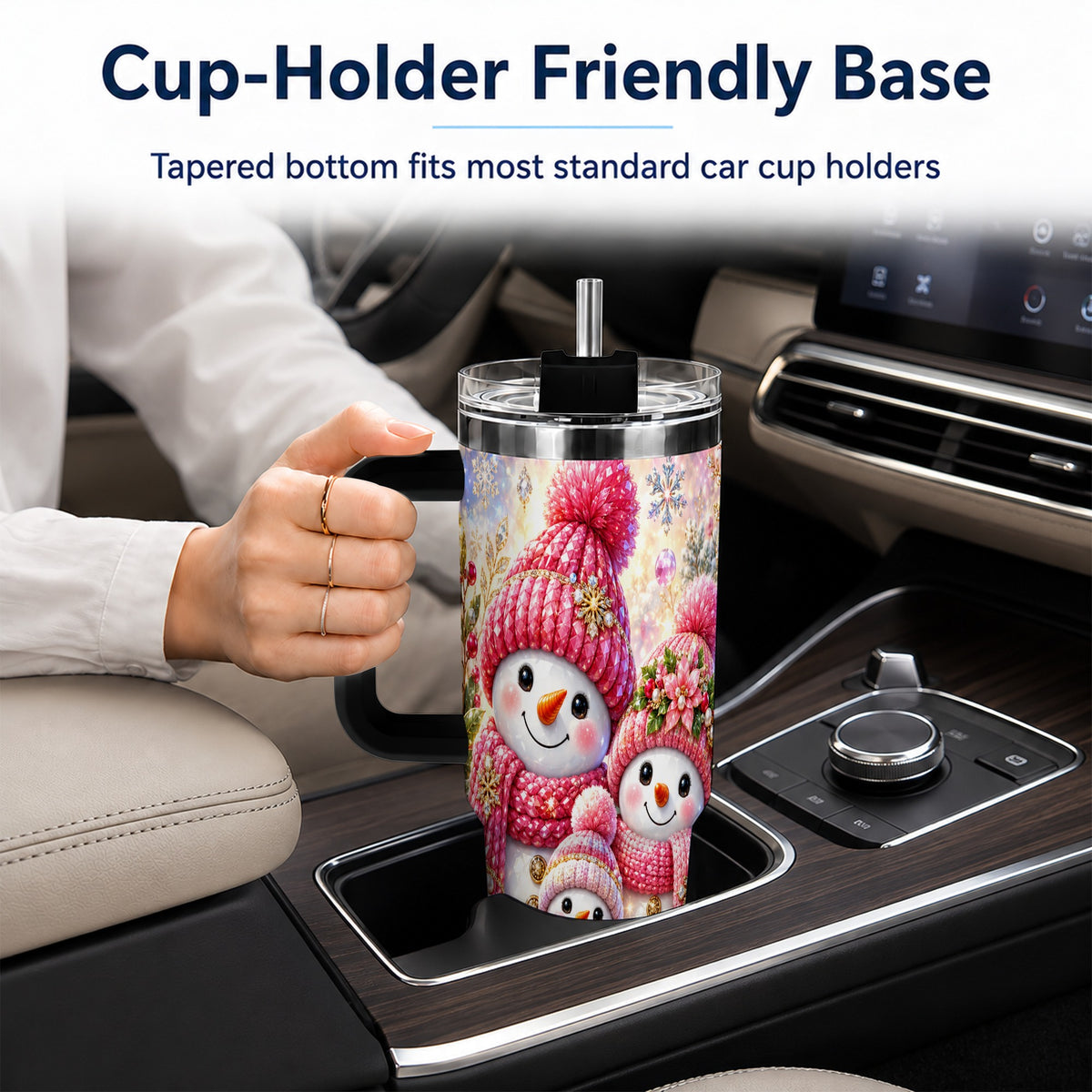 #pl[40oz|Black] Jeweled Snowman Family 40oz Tumbler with Handle, Winter Travel Cup