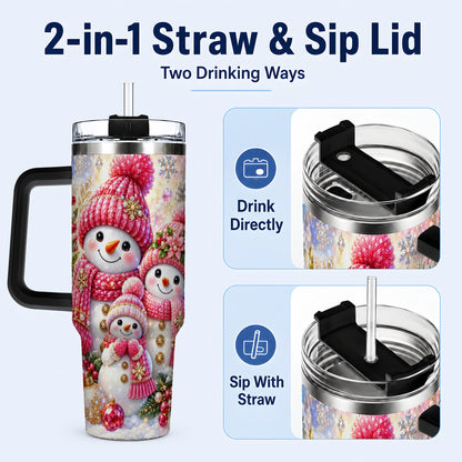 #pl[40oz|Black] Jeweled Snowman Family 40oz Tumbler with Handle, Winter Travel Cup