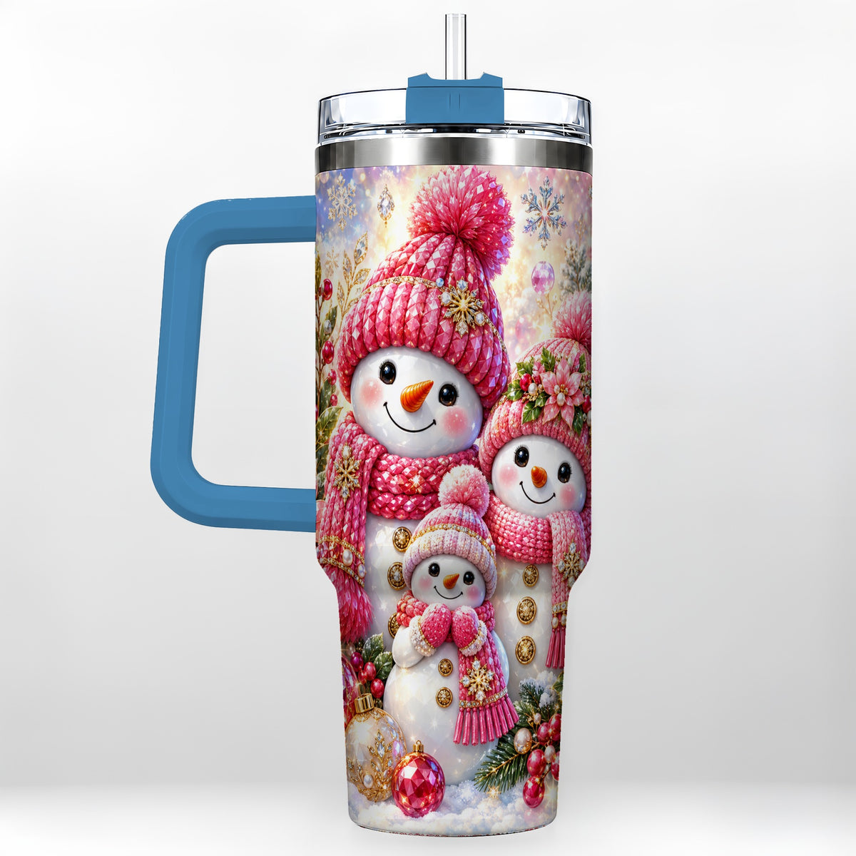 #pl[40oz|Blue] Jeweled Snowman Family 40oz Tumbler with Handle, Winter Travel Cup