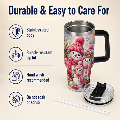#pl[40oz|Black] Jeweled Snowman Family 40oz Tumbler with Handle, Winter Travel Cup