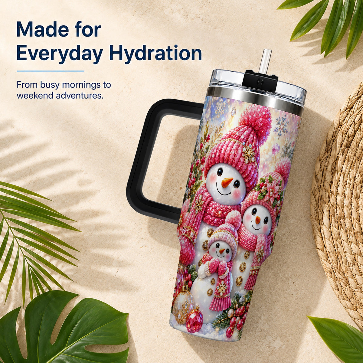 #pl[40oz|Black] Jeweled Snowman Family 40oz Tumbler with Handle, Winter Travel Cup