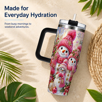 #pl[40oz|Black] Jeweled Snowman Family 40oz Tumbler with Handle, Winter Travel Cup