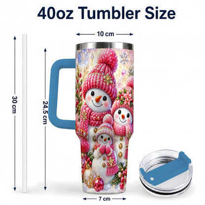 #pl[40oz|Blue] Jeweled Snowman Family 40oz Tumbler with Handle, Winter Travel Cup