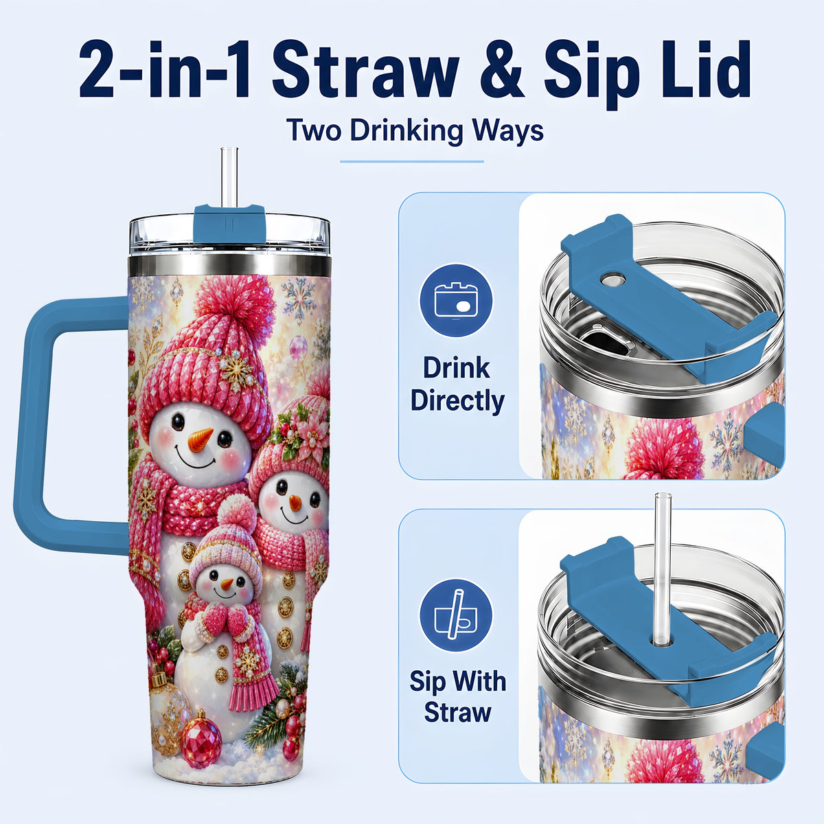 #pl[40oz|Blue] Jeweled Snowman Family 40oz Tumbler with Handle, Winter Travel Cup