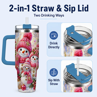 #pl[40oz|Blue] Jeweled Snowman Family 40oz Tumbler with Handle, Winter Travel Cup