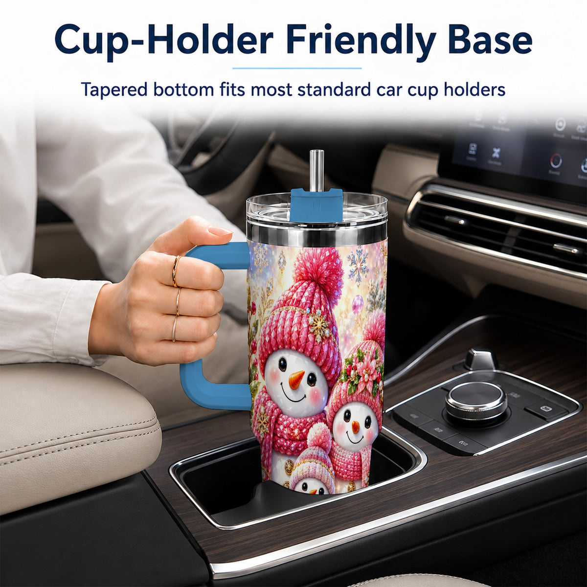 #pl[40oz|Blue] Jeweled Snowman Family 40oz Tumbler with Handle, Winter Travel Cup
