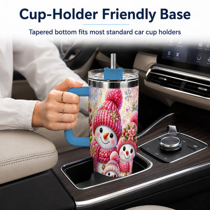 #pl[40oz|Blue] Jeweled Snowman Family 40oz Tumbler with Handle, Winter Travel Cup