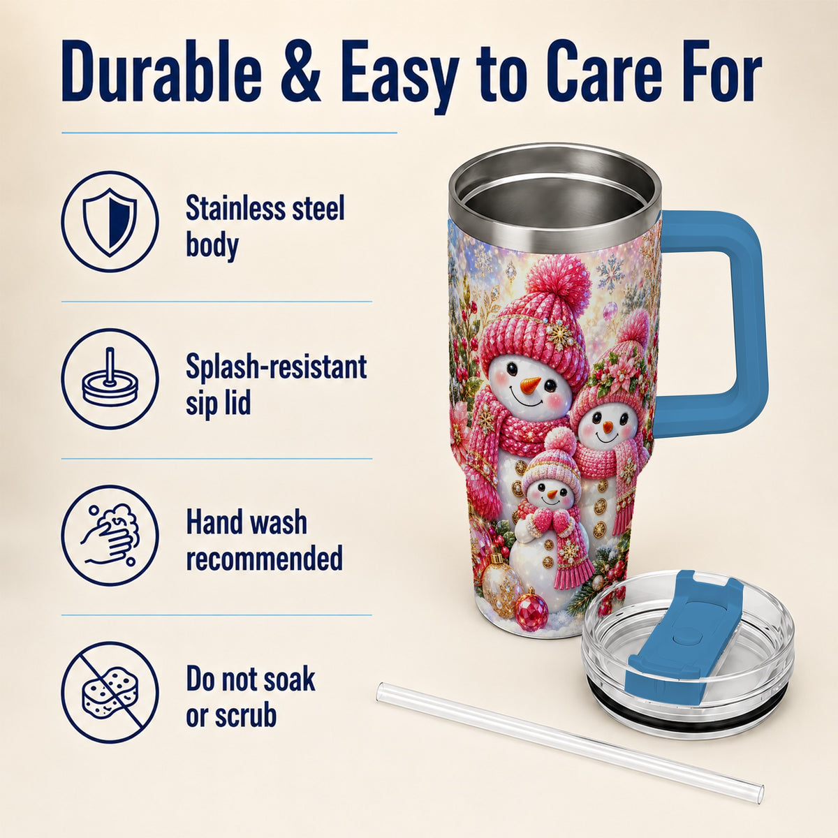 #pl[40oz|Blue] Jeweled Snowman Family 40oz Tumbler with Handle, Winter Travel Cup