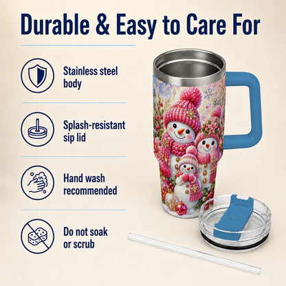 #pl[40oz|Blue] Jeweled Snowman Family 40oz Tumbler with Handle, Winter Travel Cup