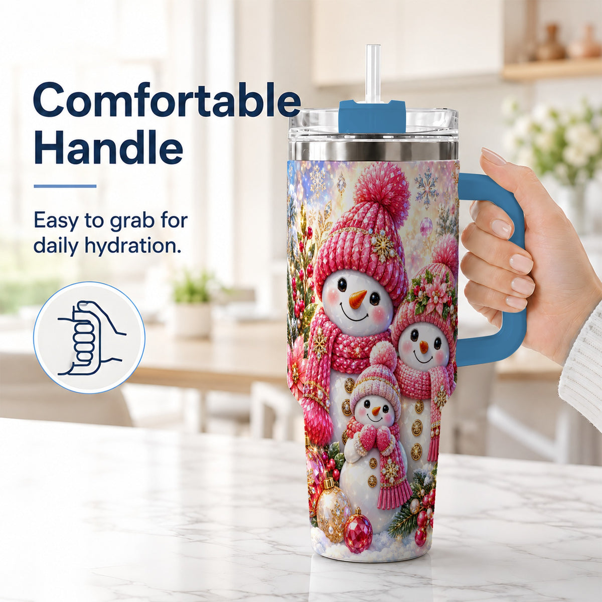 #pl[40oz|Blue] Jeweled Snowman Family 40oz Tumbler with Handle, Winter Travel Cup