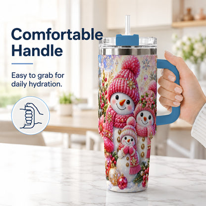 #pl[40oz|Blue] Jeweled Snowman Family 40oz Tumbler with Handle, Winter Travel Cup